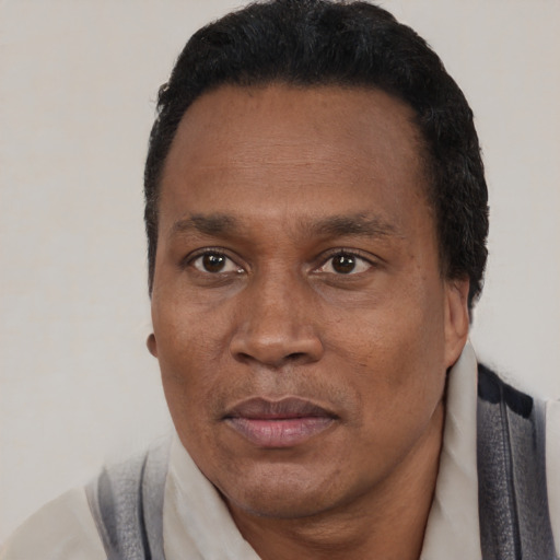 Joyful black adult male with short  black hair and brown eyes