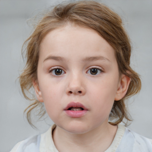 Neutral white child female with medium  brown hair and blue eyes