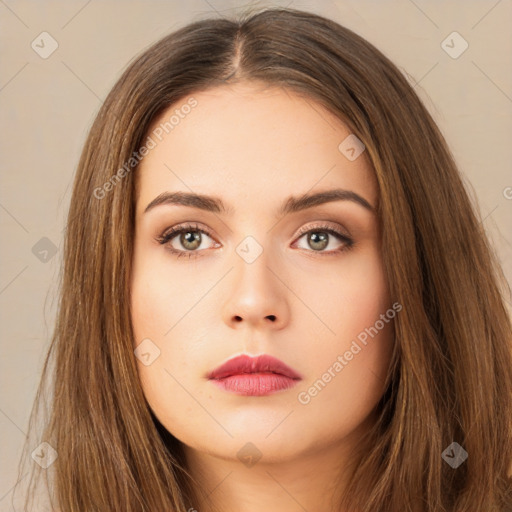 Neutral white young-adult female with long  brown hair and brown eyes