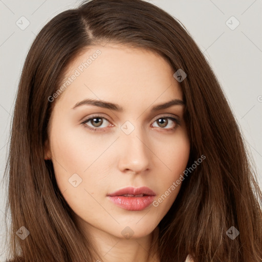 Neutral white young-adult female with long  brown hair and brown eyes