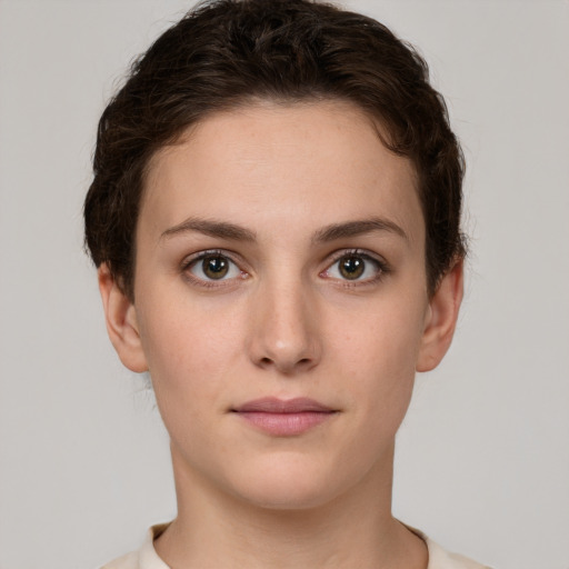 Neutral white young-adult female with short  brown hair and brown eyes