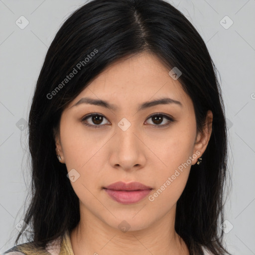 Neutral asian young-adult female with medium  brown hair and brown eyes