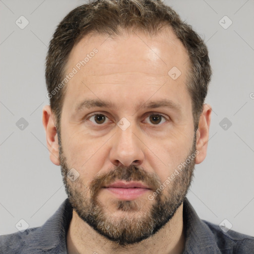 Neutral white adult male with short  brown hair and brown eyes