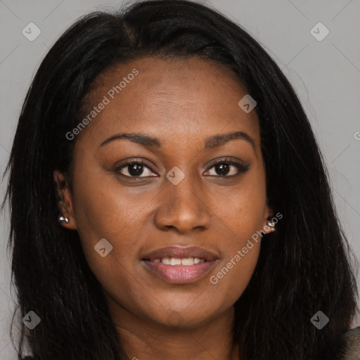 Joyful asian young-adult female with long  brown hair and brown eyes