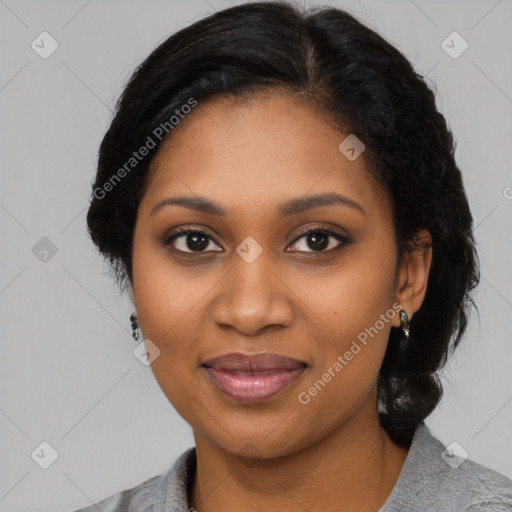 Joyful black young-adult female with medium  black hair and brown eyes