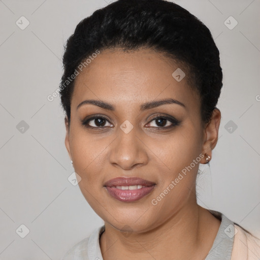 Joyful latino young-adult female with short  black hair and brown eyes