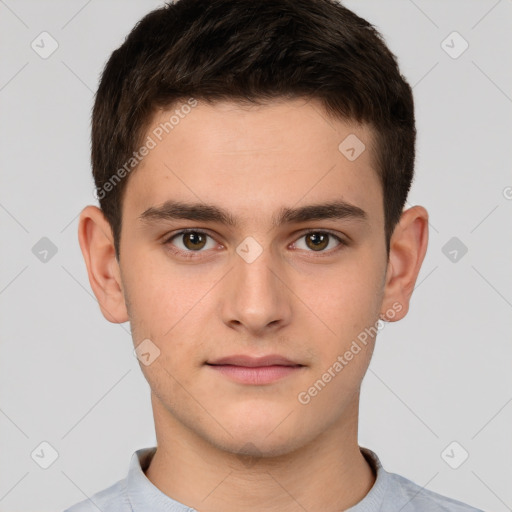 Neutral white young-adult male with short  brown hair and brown eyes