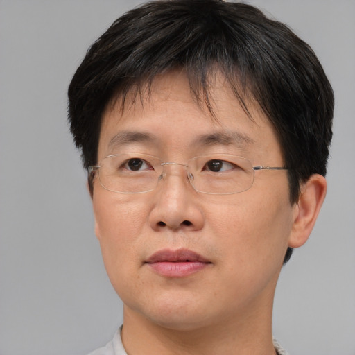 Neutral asian adult male with short  brown hair and brown eyes