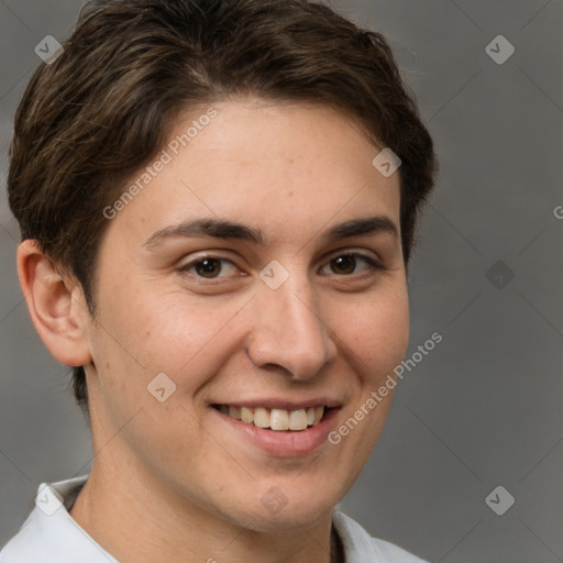 Joyful white young-adult female with short  brown hair and brown eyes