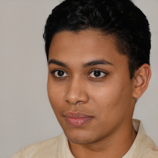 Neutral black young-adult female with short  black hair and brown eyes