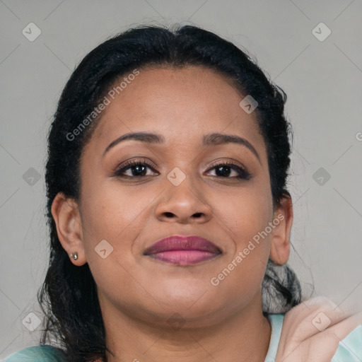 Joyful asian young-adult female with long  brown hair and brown eyes