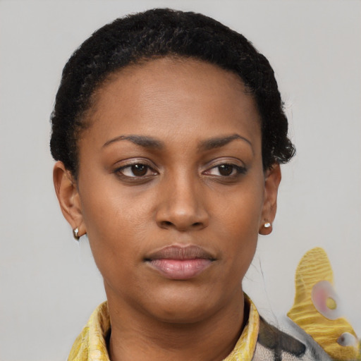 Neutral black young-adult female with short  brown hair and brown eyes