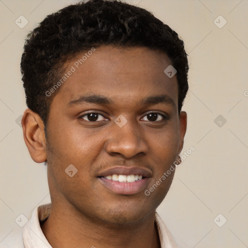 Joyful black young-adult male with short  brown hair and brown eyes