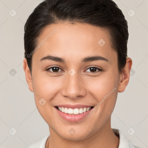 Joyful white young-adult female with short  brown hair and brown eyes