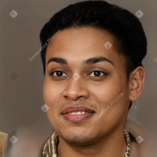 Joyful black young-adult female with short  brown hair and brown eyes