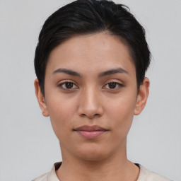 Neutral asian young-adult female with short  brown hair and brown eyes