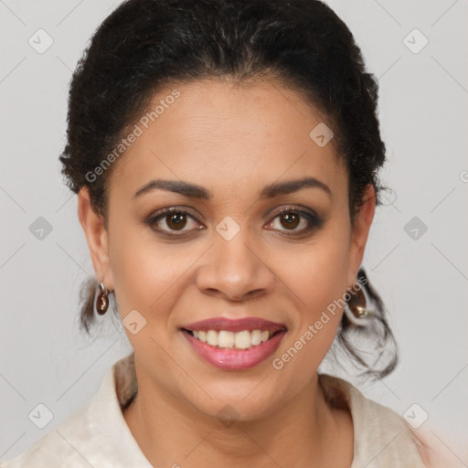 Joyful latino young-adult female with short  brown hair and brown eyes