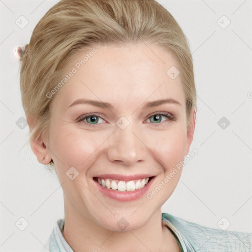 Joyful white young-adult female with medium  brown hair and blue eyes