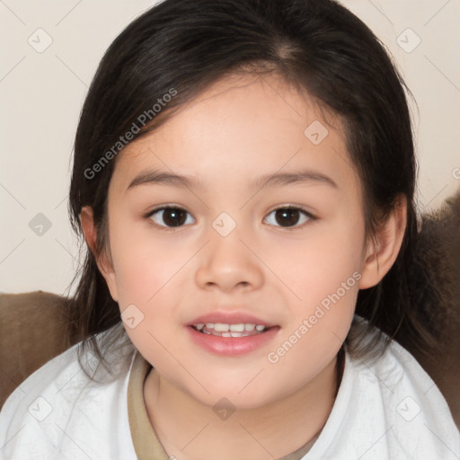 Joyful white child female with medium  brown hair and brown eyes