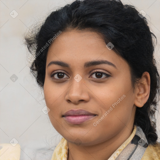 Joyful latino young-adult female with medium  black hair and brown eyes