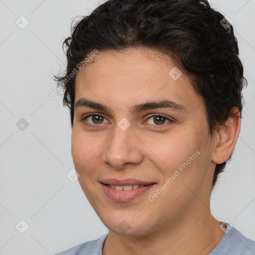 Joyful white young-adult female with short  brown hair and brown eyes