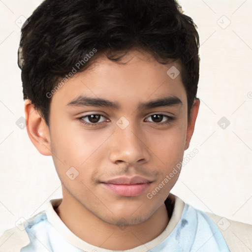 Joyful white child male with short  brown hair and brown eyes