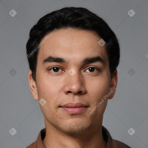 Neutral latino young-adult male with short  black hair and brown eyes