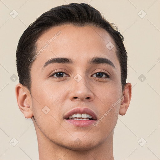 Joyful white young-adult male with short  brown hair and brown eyes