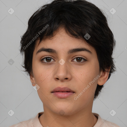 Neutral white young-adult female with short  brown hair and brown eyes