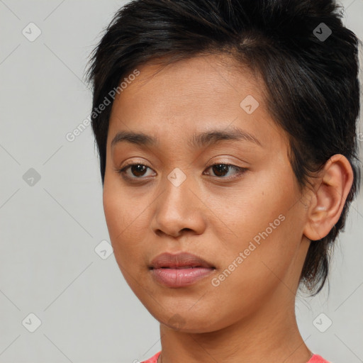 Joyful asian young-adult female with medium  brown hair and brown eyes