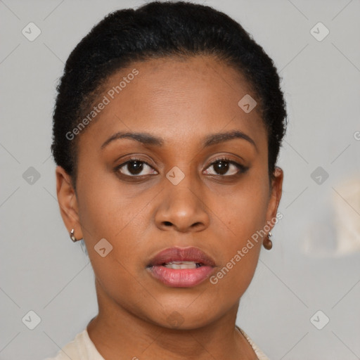 Neutral black young-adult female with short  brown hair and brown eyes