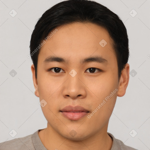 Neutral asian young-adult male with short  black hair and brown eyes