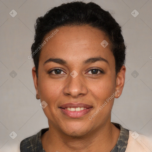 Joyful latino young-adult female with short  black hair and brown eyes