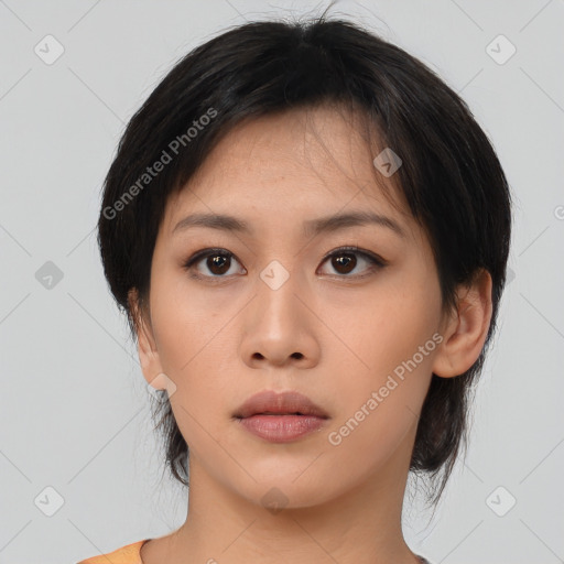 Neutral asian young-adult female with medium  brown hair and brown eyes