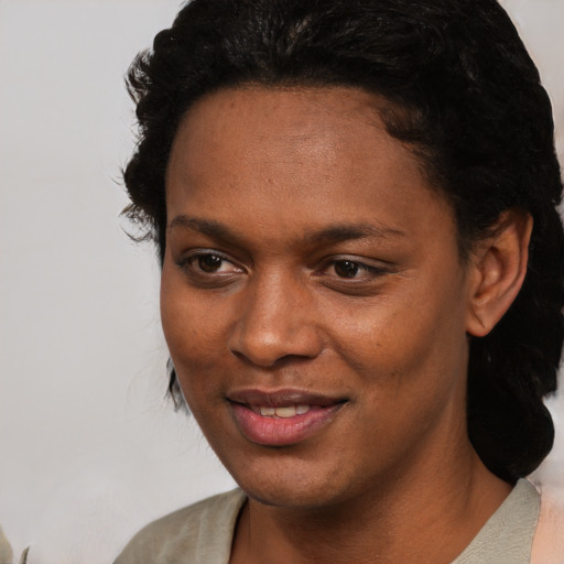 Joyful white young-adult female with short  black hair and brown eyes
