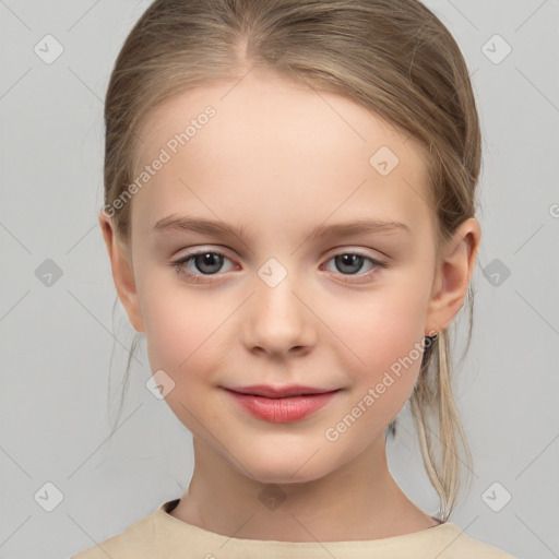 Joyful white child female with medium  brown hair and brown eyes