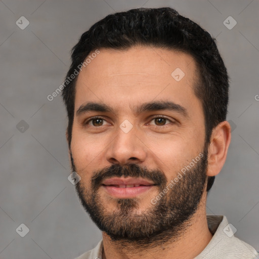 Neutral white young-adult male with short  black hair and brown eyes