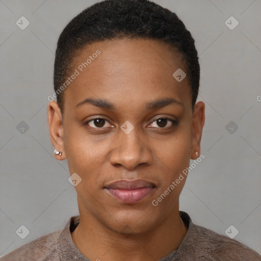 Neutral black young-adult female with short  black hair and brown eyes