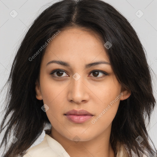 Neutral latino young-adult female with medium  brown hair and brown eyes