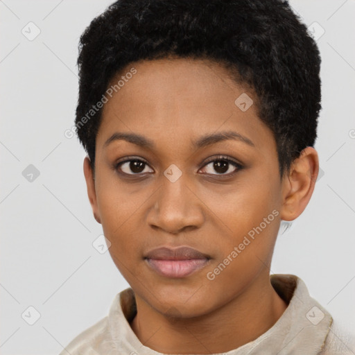 Neutral black young-adult female with short  black hair and brown eyes