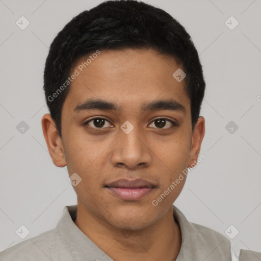 Joyful latino young-adult male with short  black hair and brown eyes