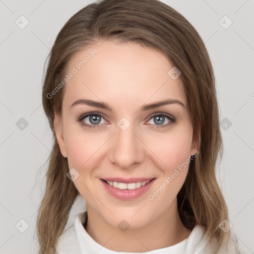 Joyful white young-adult female with medium  brown hair and green eyes