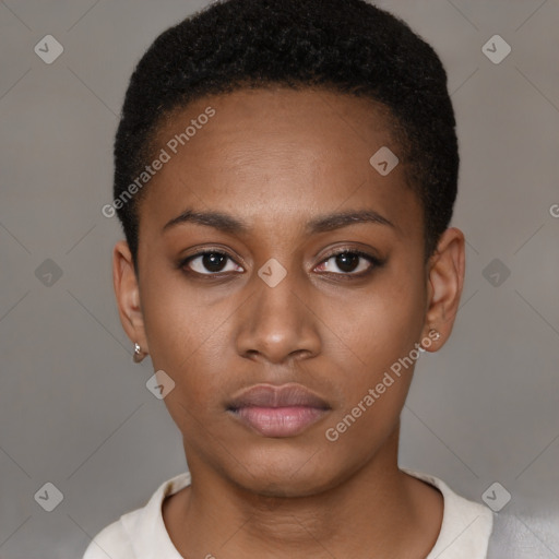 Neutral latino young-adult female with short  black hair and brown eyes