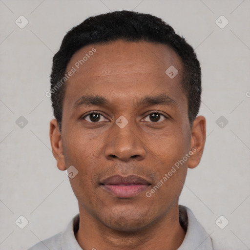 Joyful black adult male with short  black hair and brown eyes