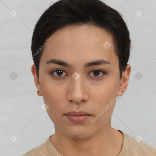 Neutral asian young-adult female with short  brown hair and brown eyes