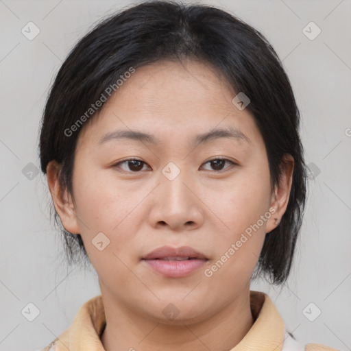 Neutral asian young-adult female with medium  brown hair and brown eyes