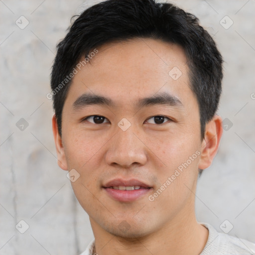 Neutral asian young-adult male with short  black hair and brown eyes