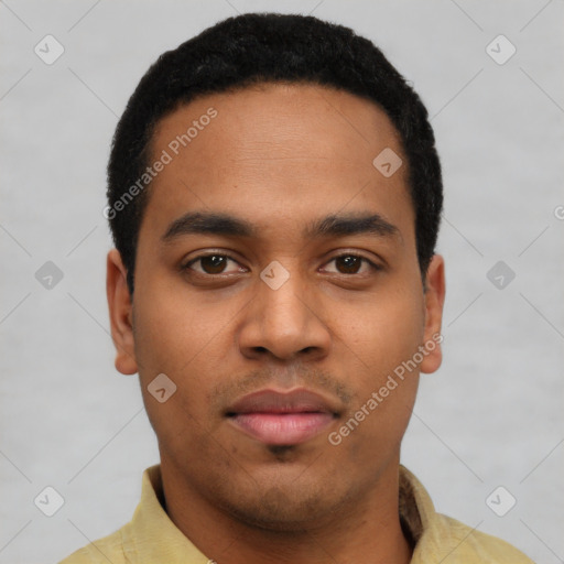 Neutral latino young-adult male with short  black hair and brown eyes