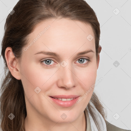 Joyful white young-adult female with medium  brown hair and grey eyes