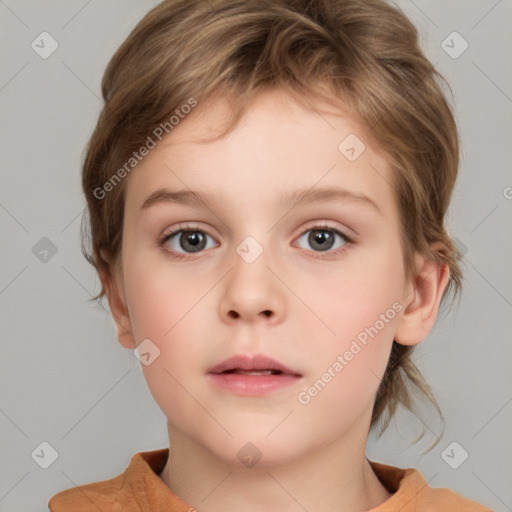 Neutral white child female with medium  brown hair and grey eyes